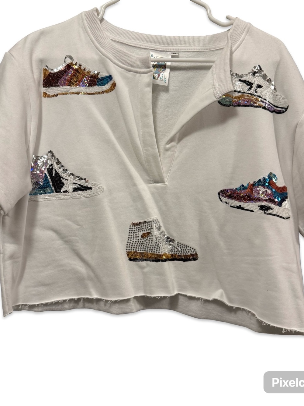 QUEEN OF SPARKLES White Pullover with Multicolor Sequin Sneaker Patches